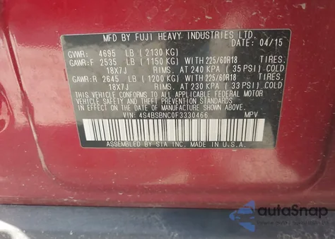 2015 Subaru Outback 2.5I Limited z USA, uszkodzony, nr VIN 4S4BSBNC0F3330466